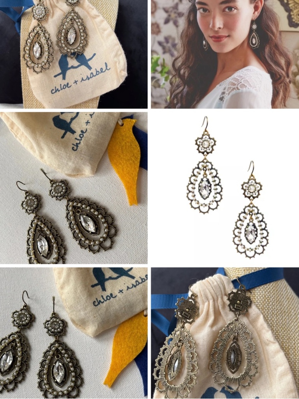 Chloe + Isabel 💙💛 ICONIC Filigree Earrings Clear Crystals New w/ Original Pouch - Picture 2 of 7